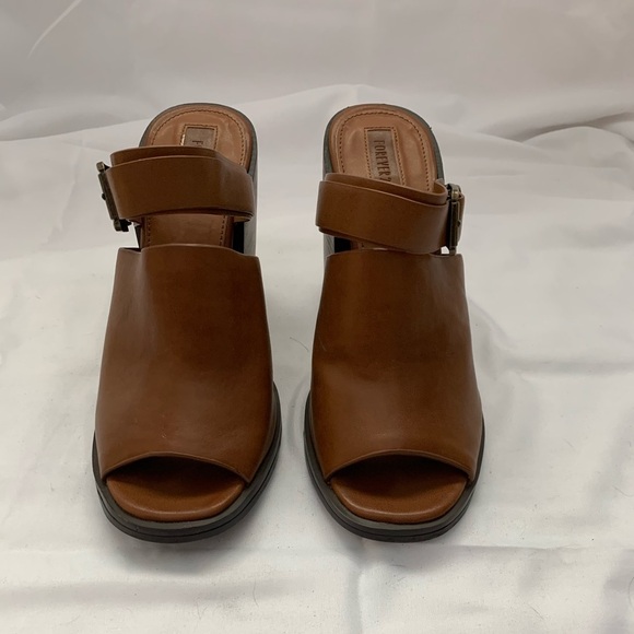 Forever 21 Shoes - Forever 21 Cognac Peep Toe Leather Mules